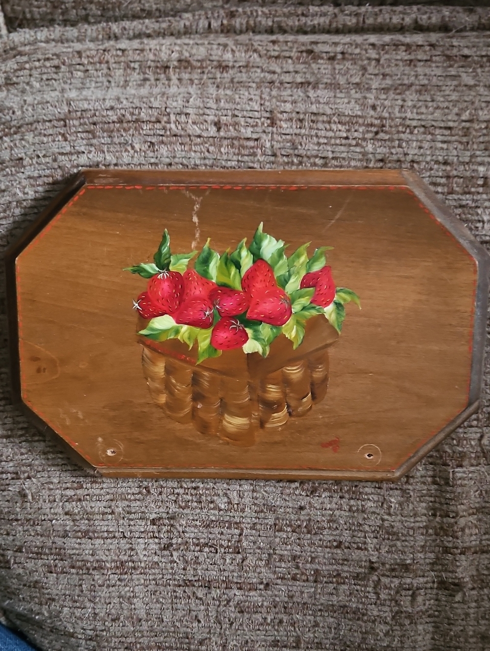 Hand-Painted Strawberry Basket Wall Plaque - Brown Wood